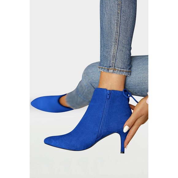 Women's Pointed Toe Heels Ankle Booties Kitten Stiletto Bowtie Strappy Boot Blue - Picture 2 of 6